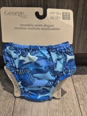 George Baby Blue Shark Print Reusable Swim Diaper With UPF 50+ Rating